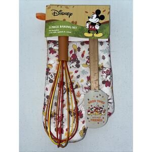 Disney 3 Piece Baking Set Oven Mitt Spatula Whisk Mickey Minnie Mouse Happy Fall